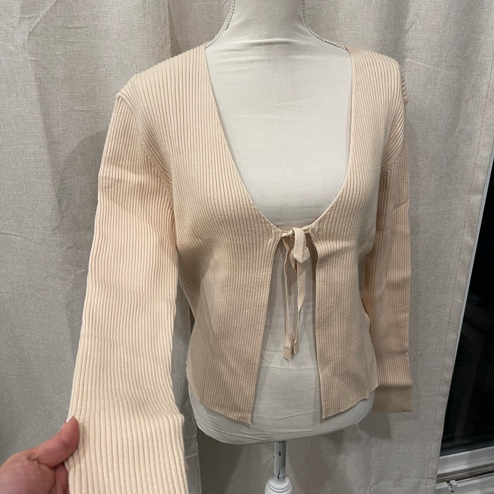 Cream Ribbed Tie-Front Cardigan